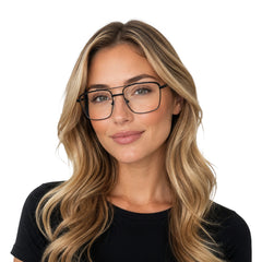Woman wearing OS Slomga 31010 square double bridge metal prescription eyeglasses in glossy black