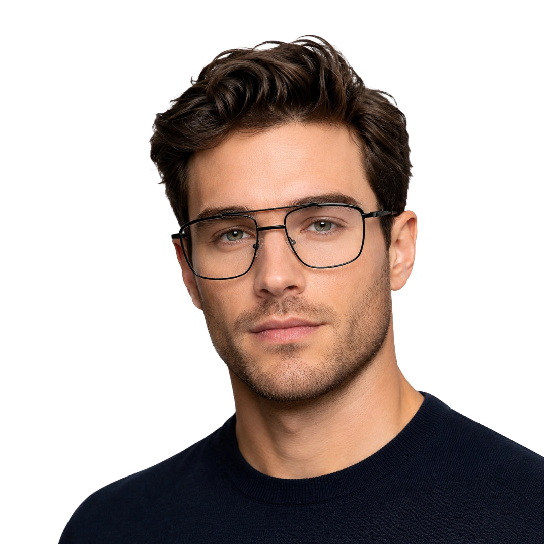Man wearing OS Slomga 31010 square double bridge metal prescription eyeglasses in glossy black