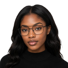 Woman wearing OS Slomga 31010 square double bridge metal prescription eyeglasses in glossy black, front view