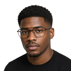 Man wearing OS Slomga 31010 square double bridge metal prescription eyeglasses in glossy black, front view