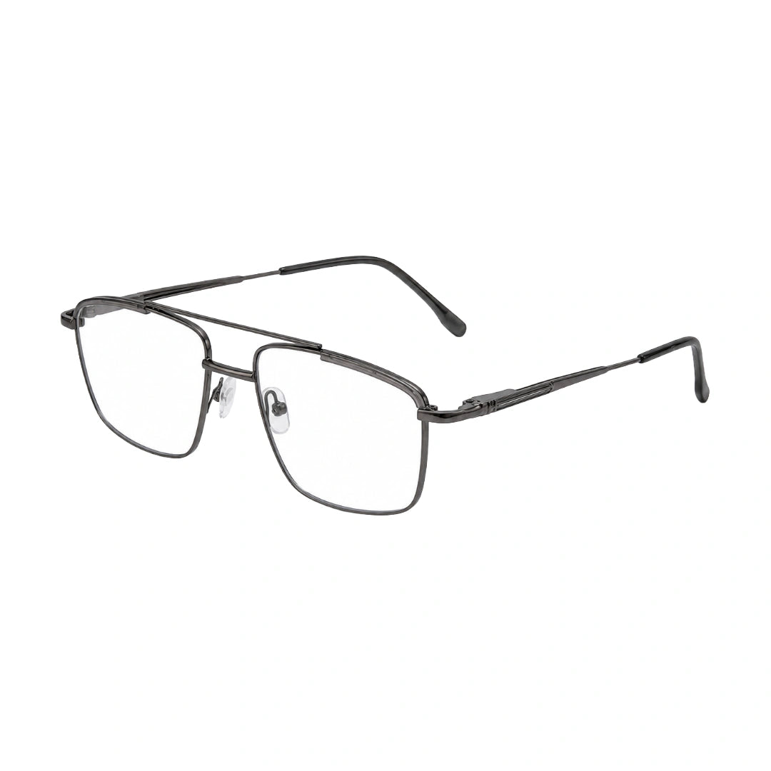 OS Slomga 31010 square double bridge metal prescription eyeglasses in grey and gunmetal, three-quarter angled view