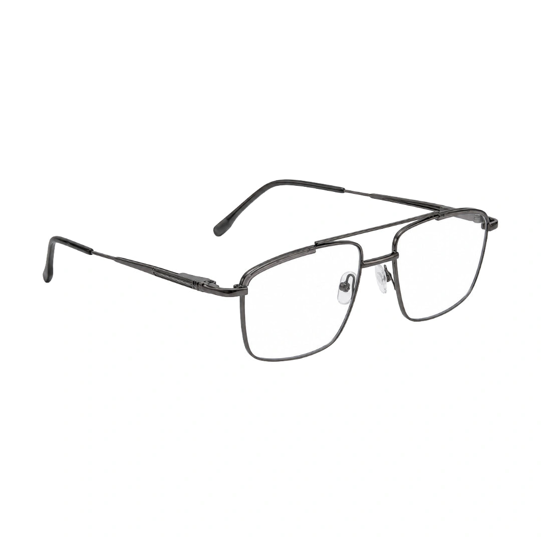 OS Slomga 31010 square double bridge metal prescription eyeglasses in grey and gunmetal, angled view
