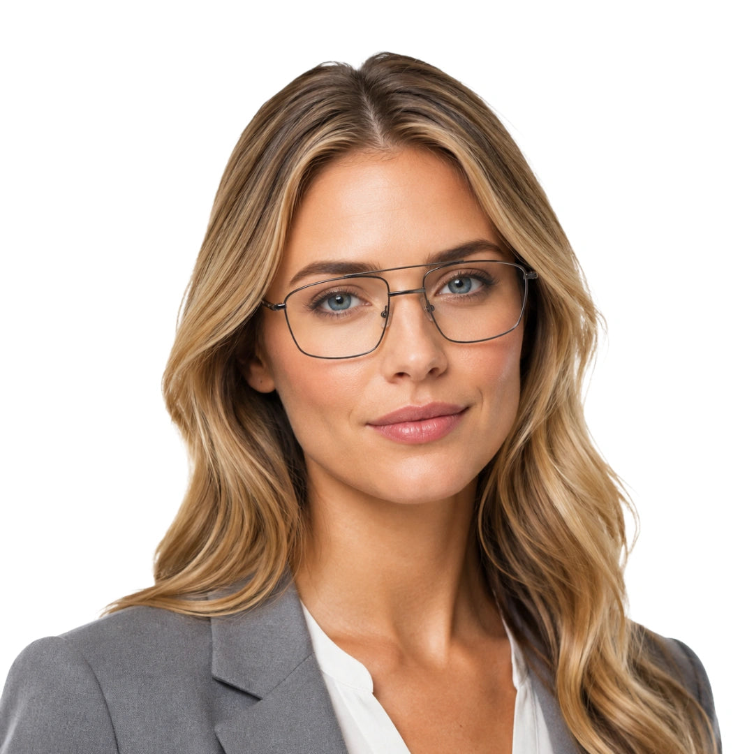 Woman wearing OS Slomga 31010 square double bridge metal prescription eyeglasses in grey and gunmetal