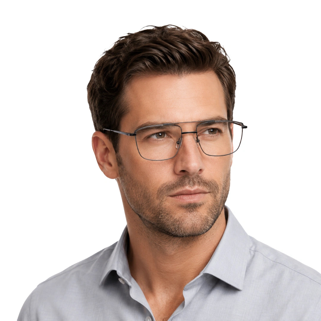 Man wearing OS Slomga 31010 square double bridge metal prescription eyeglasses in grey and gunmetal