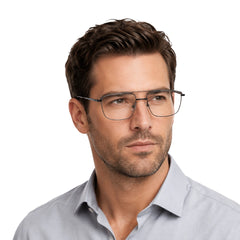 Man wearing OS Slomga 31010 square double bridge metal prescription eyeglasses in grey and gunmetal