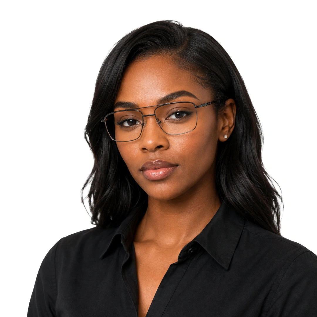 Woman wearing OS Slomga 31010 square double bridge metal prescription eyeglasses in grey and gunmetal, front view