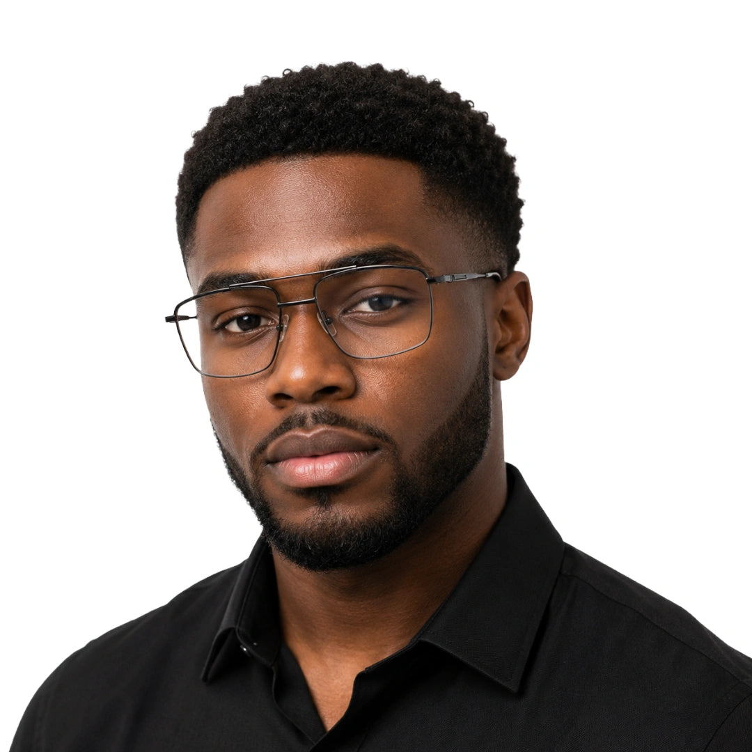 Man wearing OS Slomga 31010 square double bridge metal prescription eyeglasses in grey and gunmetal, front view