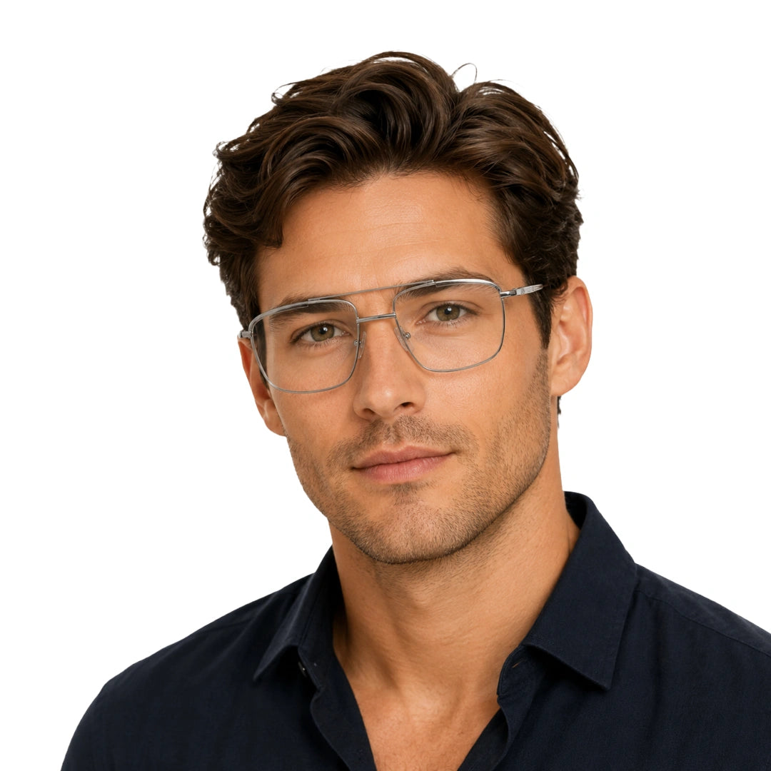 Man wearing OS Slomga 31010 square double bridge metal prescription eyeglasses in grey and silver