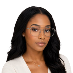 Woman wearing OS Slomga 31010 square double bridge metal prescription eyeglasses in grey and silver, front view