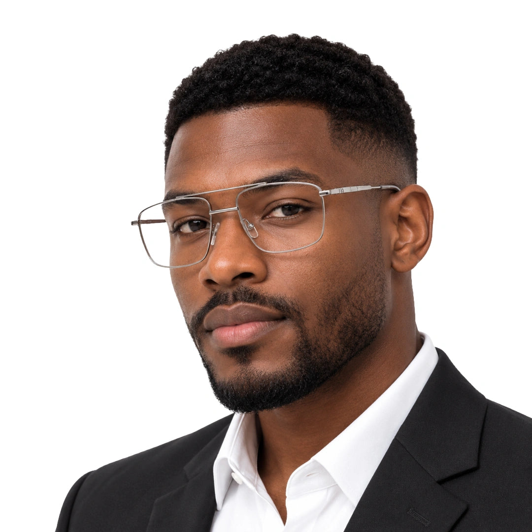 Man wearing OS Slomga 31010 square double bridge metal prescription eyeglasses in grey and silver, front view