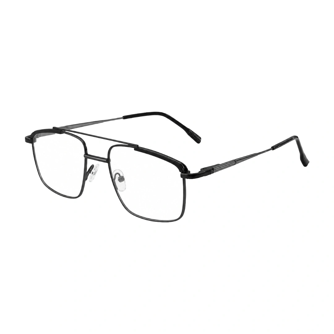 OS Slomga 31010 square double bridge metal prescription eyeglasses in gunmetal and black, side profile view