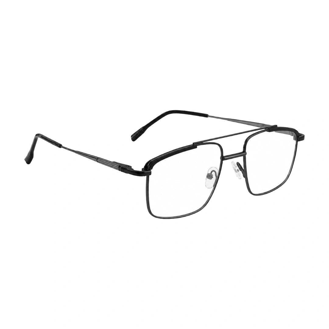 OS Slomga 31010 square double bridge metal prescription eyeglasses in gunmetal and black, angled view