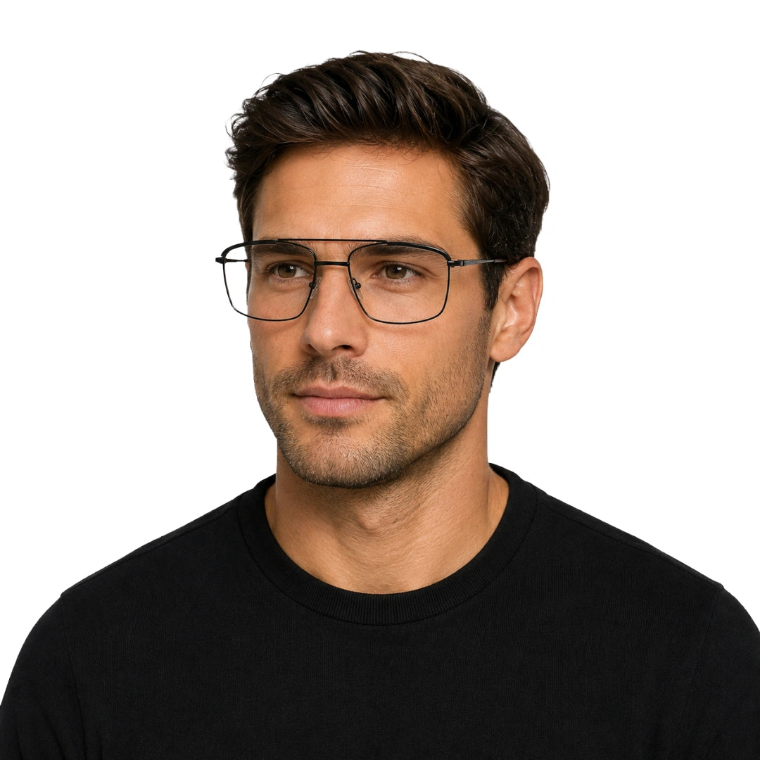 Man wearing OS Slomga 31010 square double bridge metal prescription eyeglasses in gunmetal and black