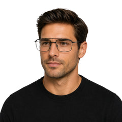 Man wearing OS Slomga 31010 square double bridge metal prescription eyeglasses in gunmetal and black