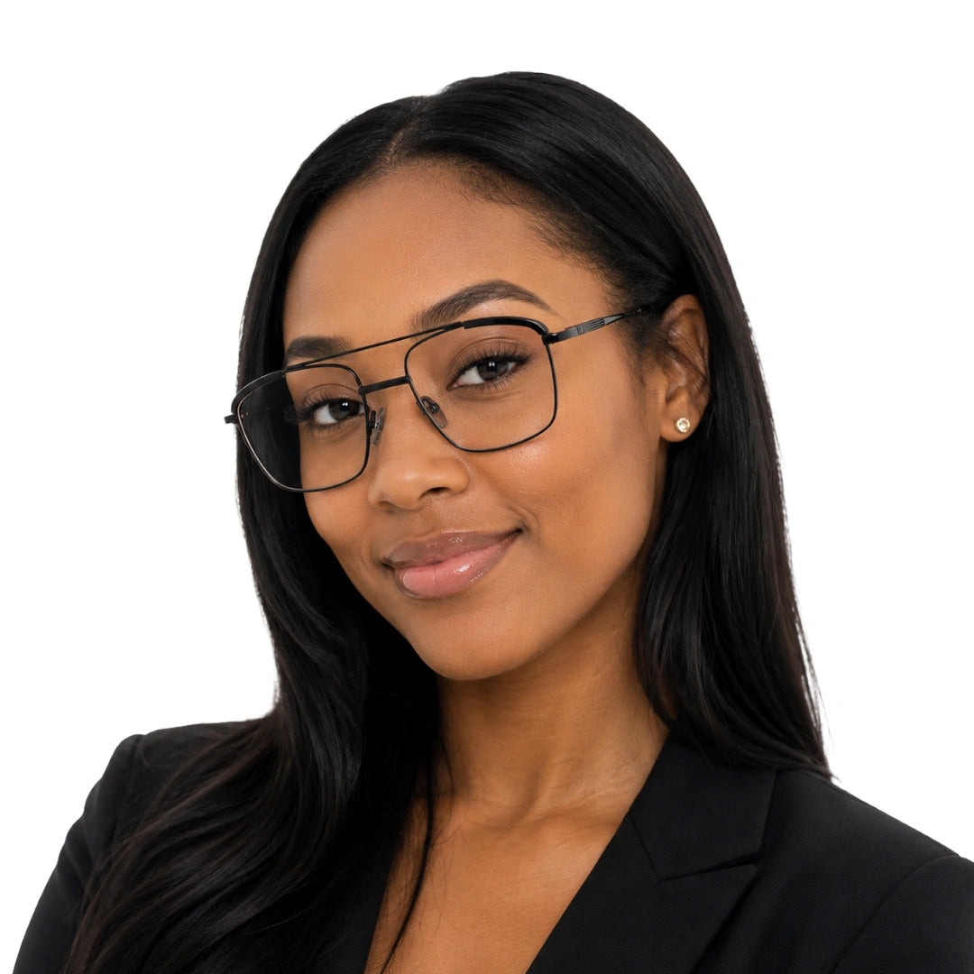 Woman wearing OS Slomga 31010 square double bridge metal prescription eyeglasses in gunmetal and black, front view
