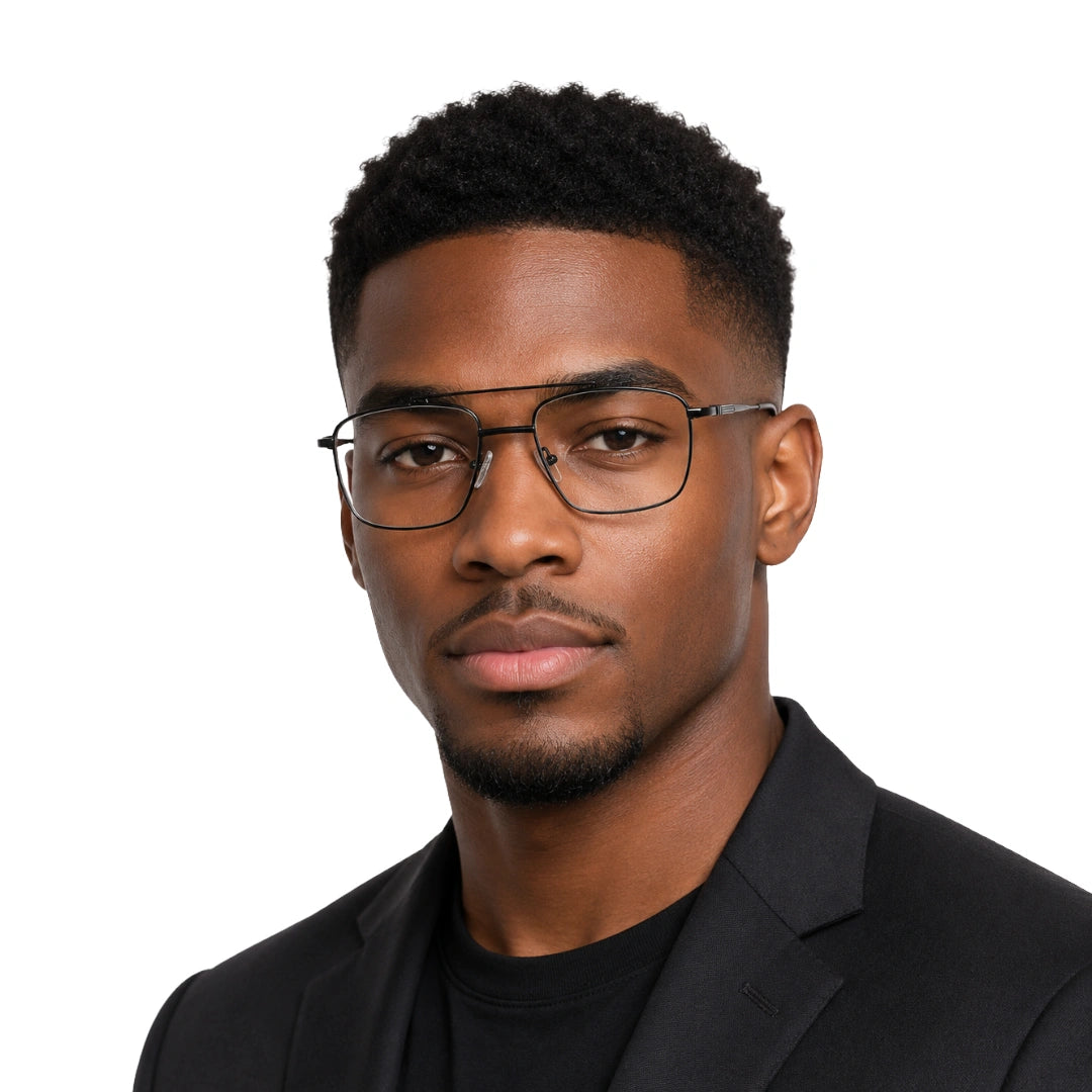 Man wearing OS Slomga 31010 square double bridge metal prescription eyeglasses in gunmetal and black, front view