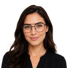 Woman wearing OS Slomga 31010 square double bridge metal prescription eyeglasses in matte black
