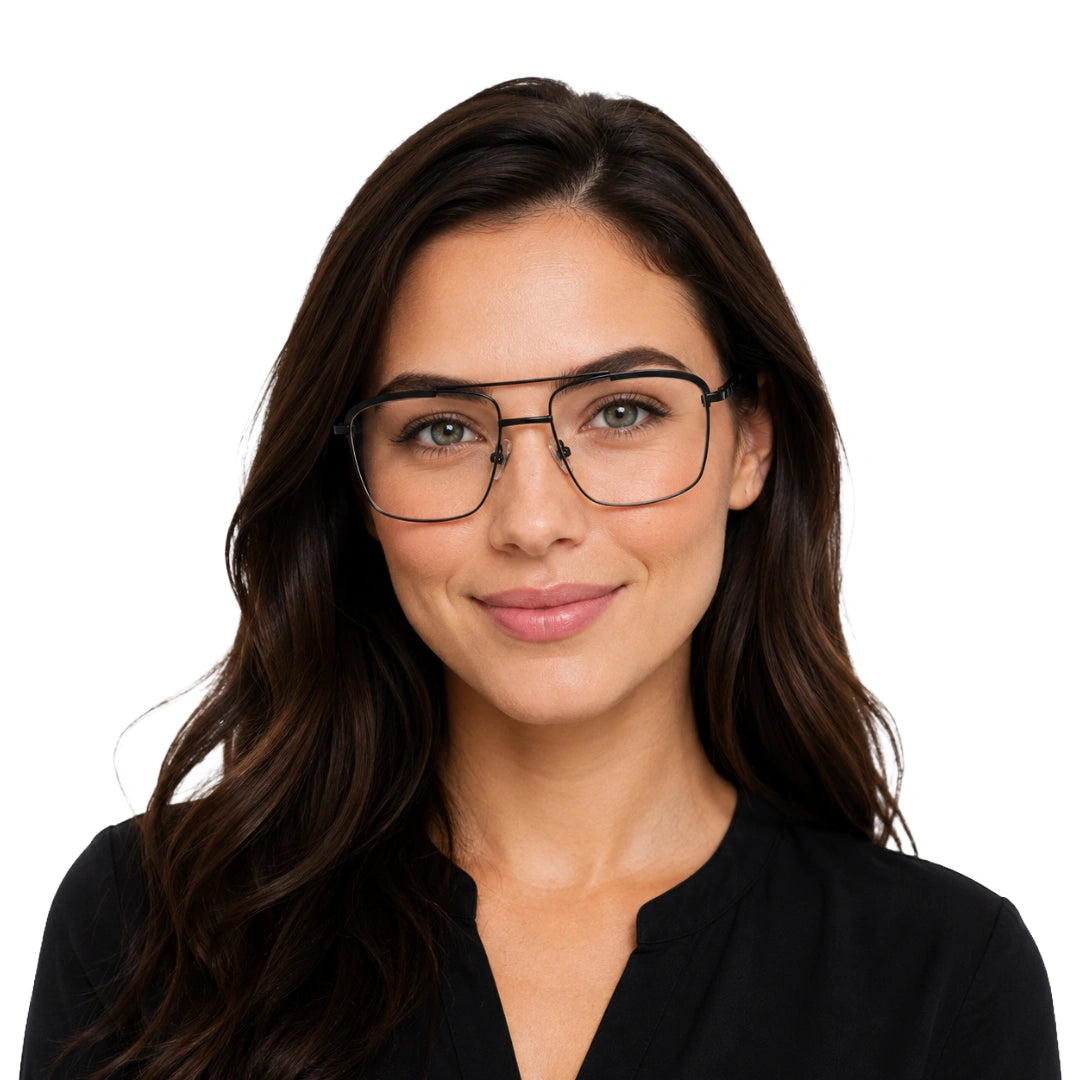 Woman wearing OS Slomga 31010 square double bridge metal prescription eyeglasses in matte black