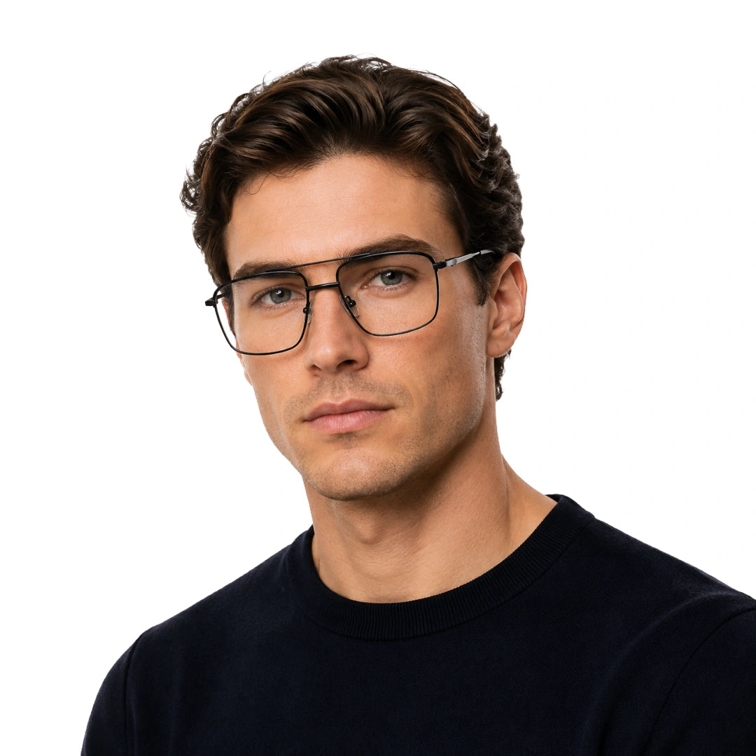 Man wearing OS Slomga 31010 square double bridge metal prescription eyeglasses in matte black