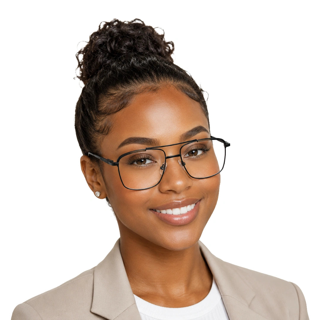 Woman wearing OS Slomga 31010 square double bridge metal prescription eyeglasses in matte black, front view