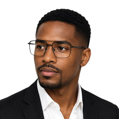 Man wearing OS Slomga 31010 square double bridge metal prescription eyeglasses in matte black, front view