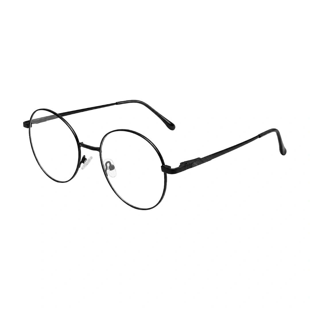 OS Solitude 15102 vintage round double bridge prescription eyeglasses in glossy black, three-quarter angled view