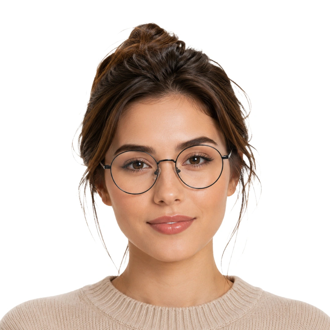 Woman wearing OS Solitude 15103 round saddle bridge metal prescription eyeglasses