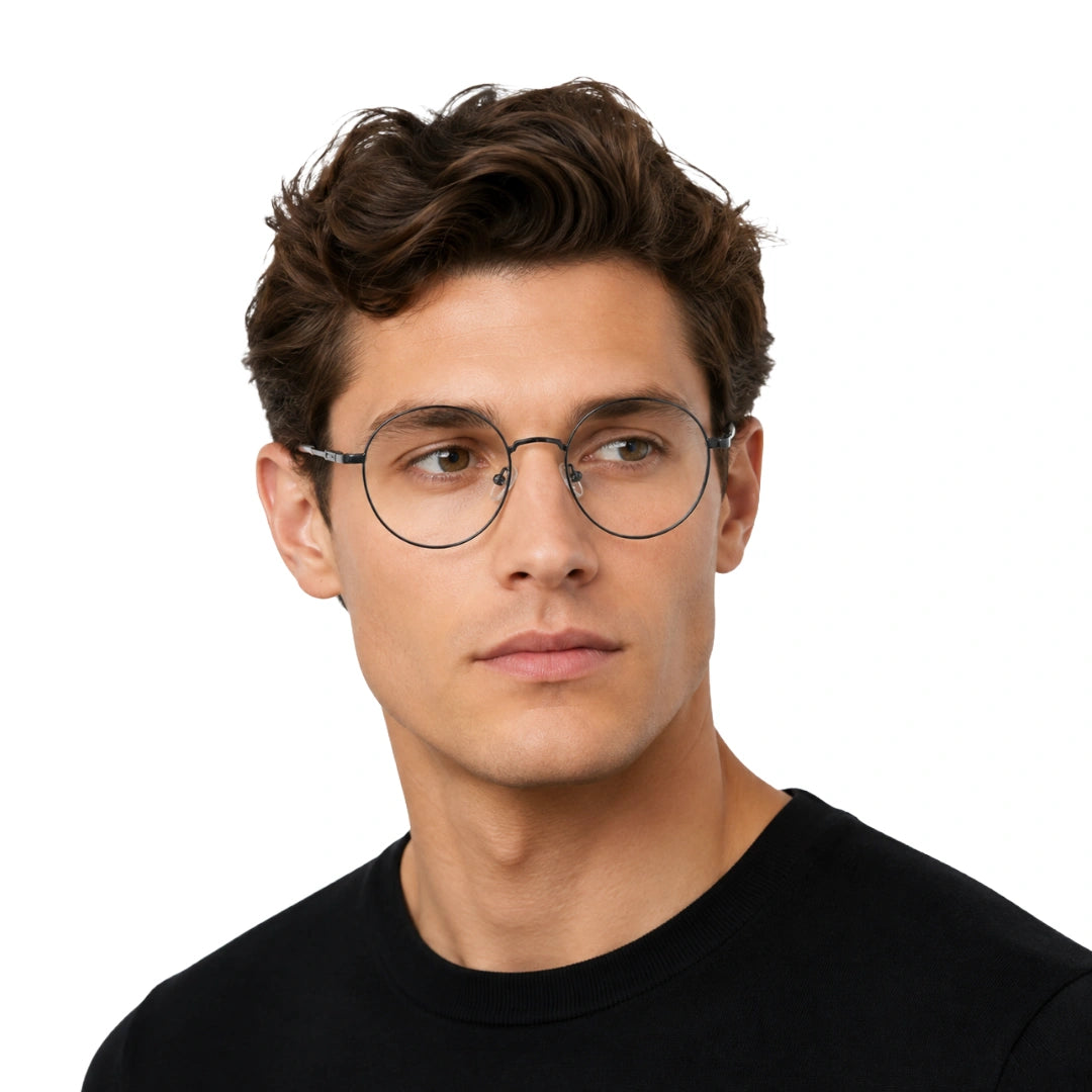 Man wearing OS Solitude 15103 round saddle bridge metal prescription eyeglasses