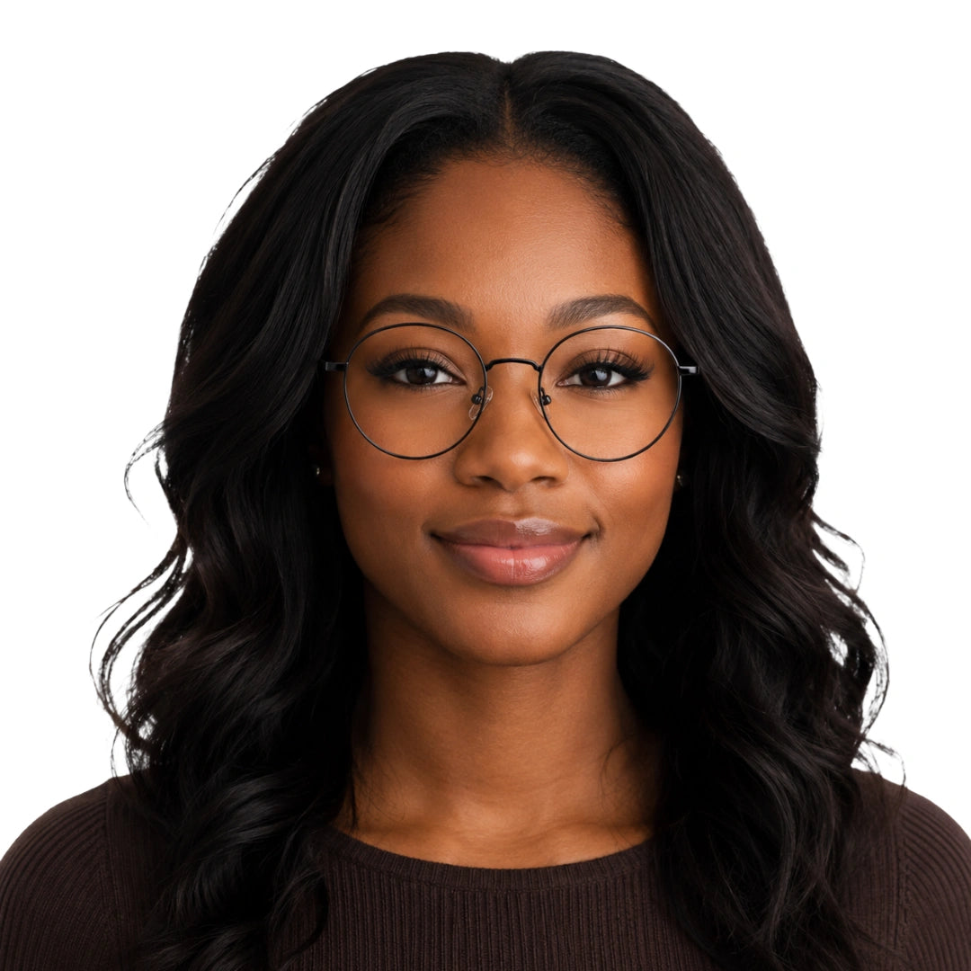 Woman wearing OS Solitude 15103 round saddle bridge metal prescription eyeglasses, front view