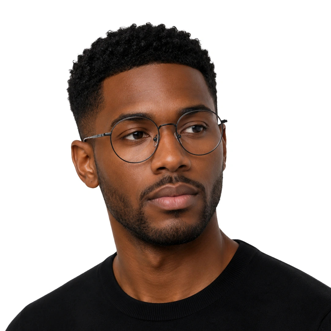 Man wearing OS Solitude 15103 round saddle bridge metal prescription eyeglasses, front view