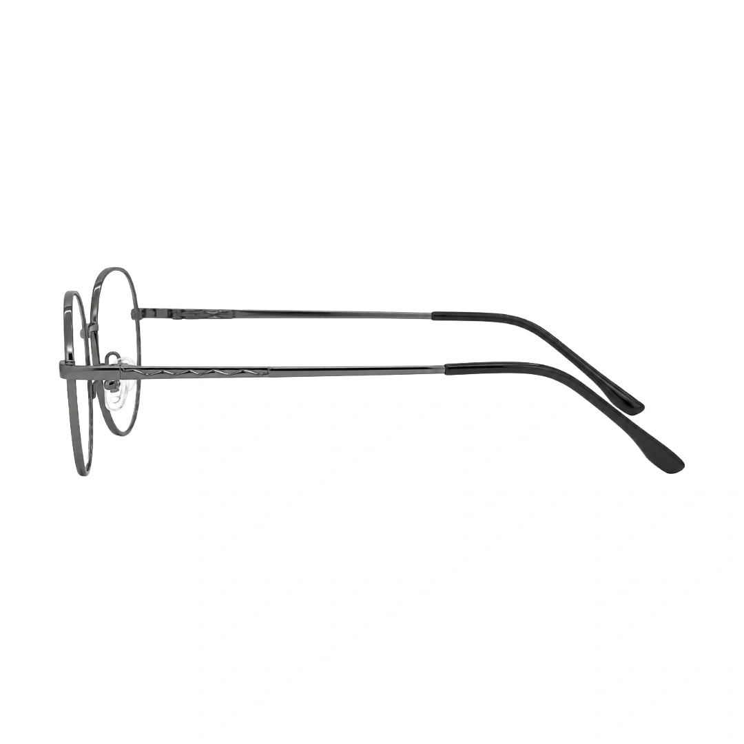 OS Solitude 15104 full-rim round metal eyeglasses in gunmetal and black, side profile view