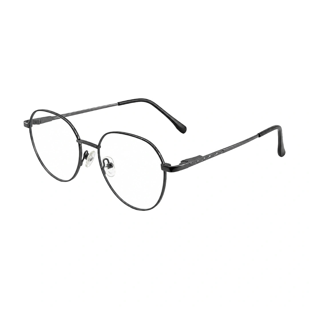 OS Solitude 15104 full-rim round metal eyeglasses in gunmetal and black, three-quarter angled view