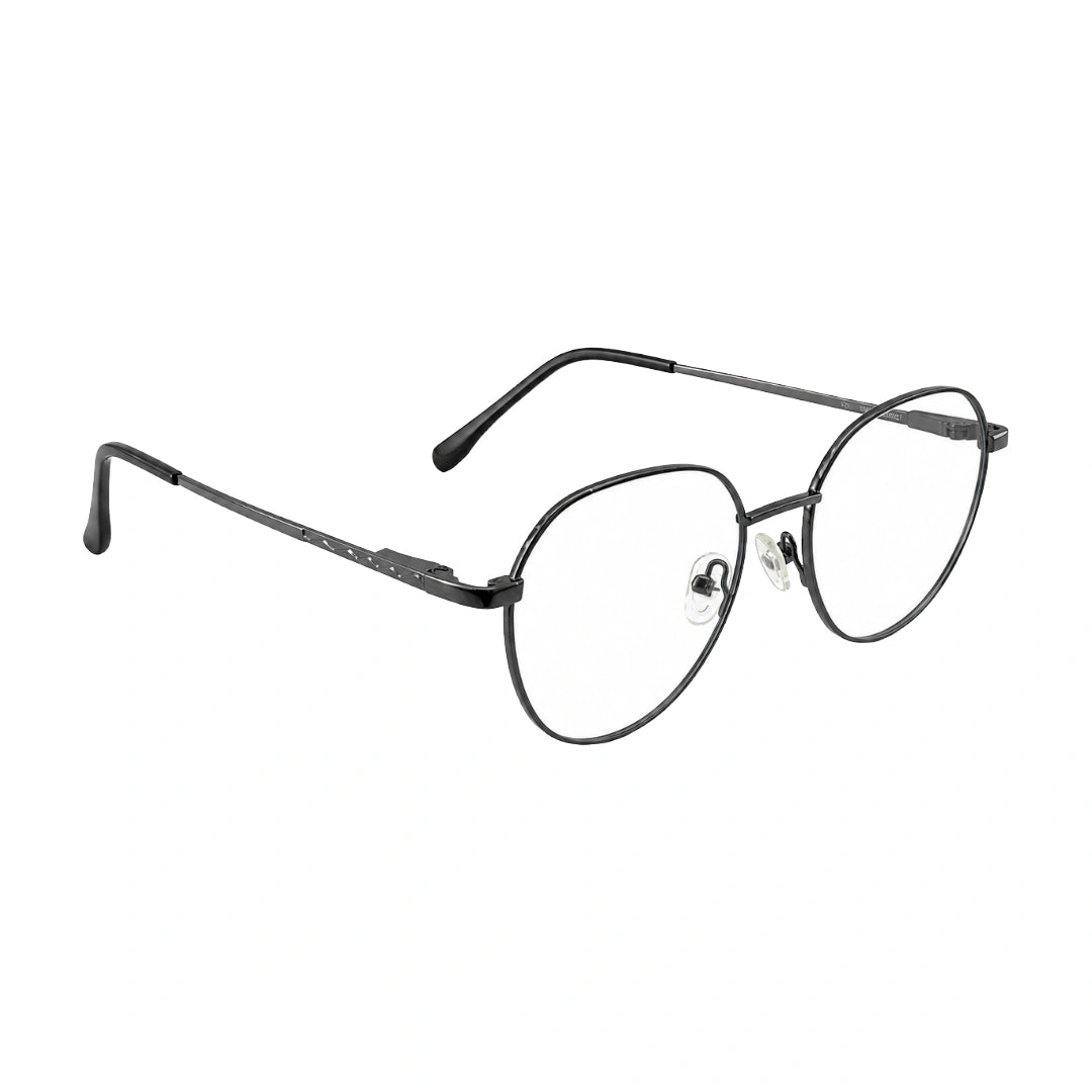OS Solitude 15104 full-rim round metal eyeglasses in gunmetal and black, angled view