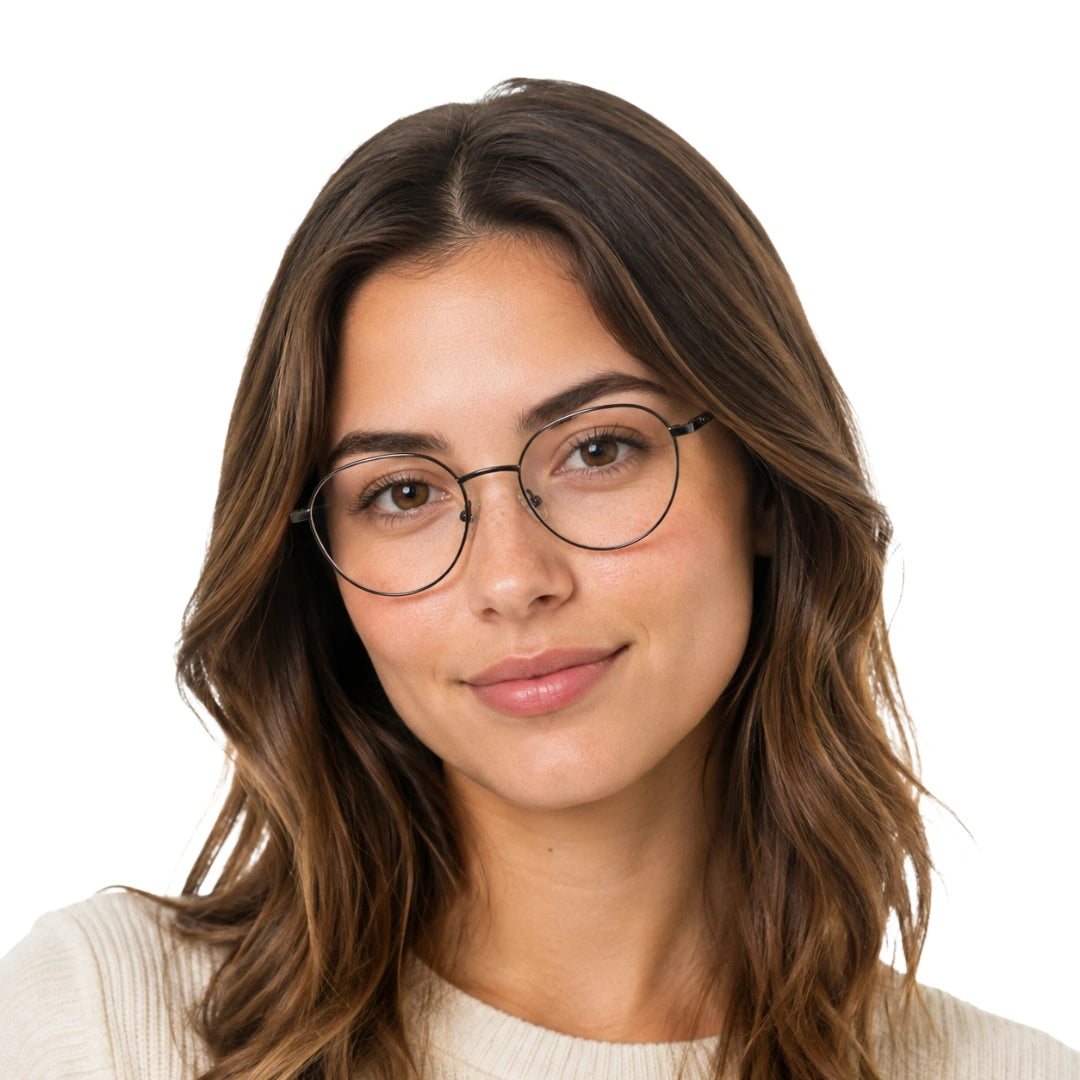 Woman wearing OS Solitude 15104 full-rim round metal eyeglasses in gunmetal and black