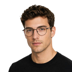 Man wearing OS Solitude 15104 full-rim round metal eyeglasses in gunmetal and black
