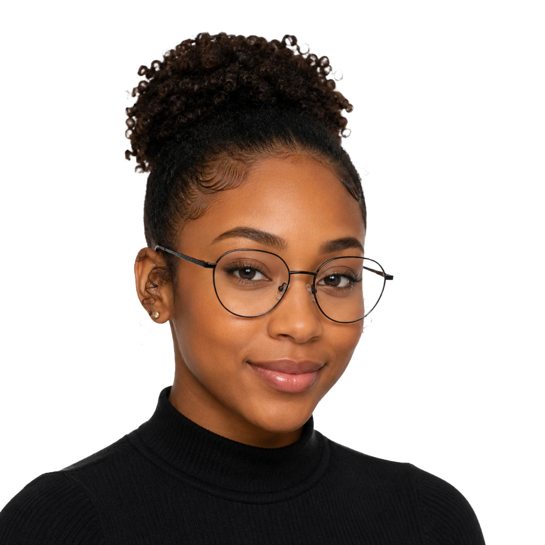 Woman wearing OS Solitude 15104 full-rim round metal eyeglasses in gunmetal and black, front view