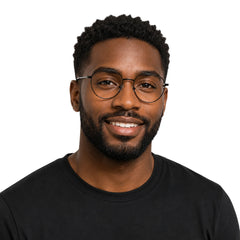 Man wearing OS Solitude 15104 full-rim round metal eyeglasses in gunmetal and black, front view