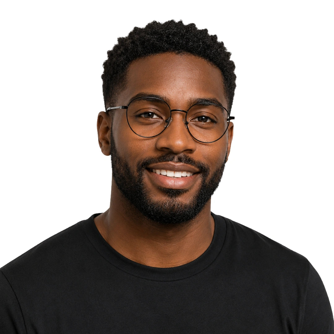 Man wearing OS Solitude 15104 full-rim round metal eyeglasses in gunmetal and black, front view