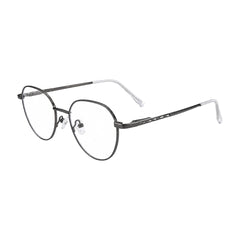 OS Solitude 15104 full-rim round metal eyeglasses in gunmetal and white, three-quarter angled view