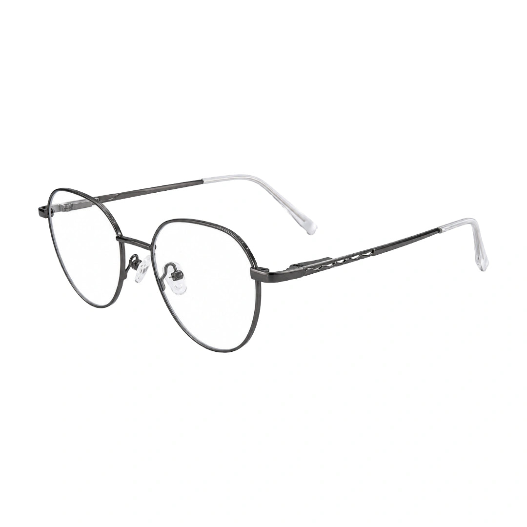 OS Solitude 15104 full-rim round metal eyeglasses in gunmetal and white, three-quarter angled view