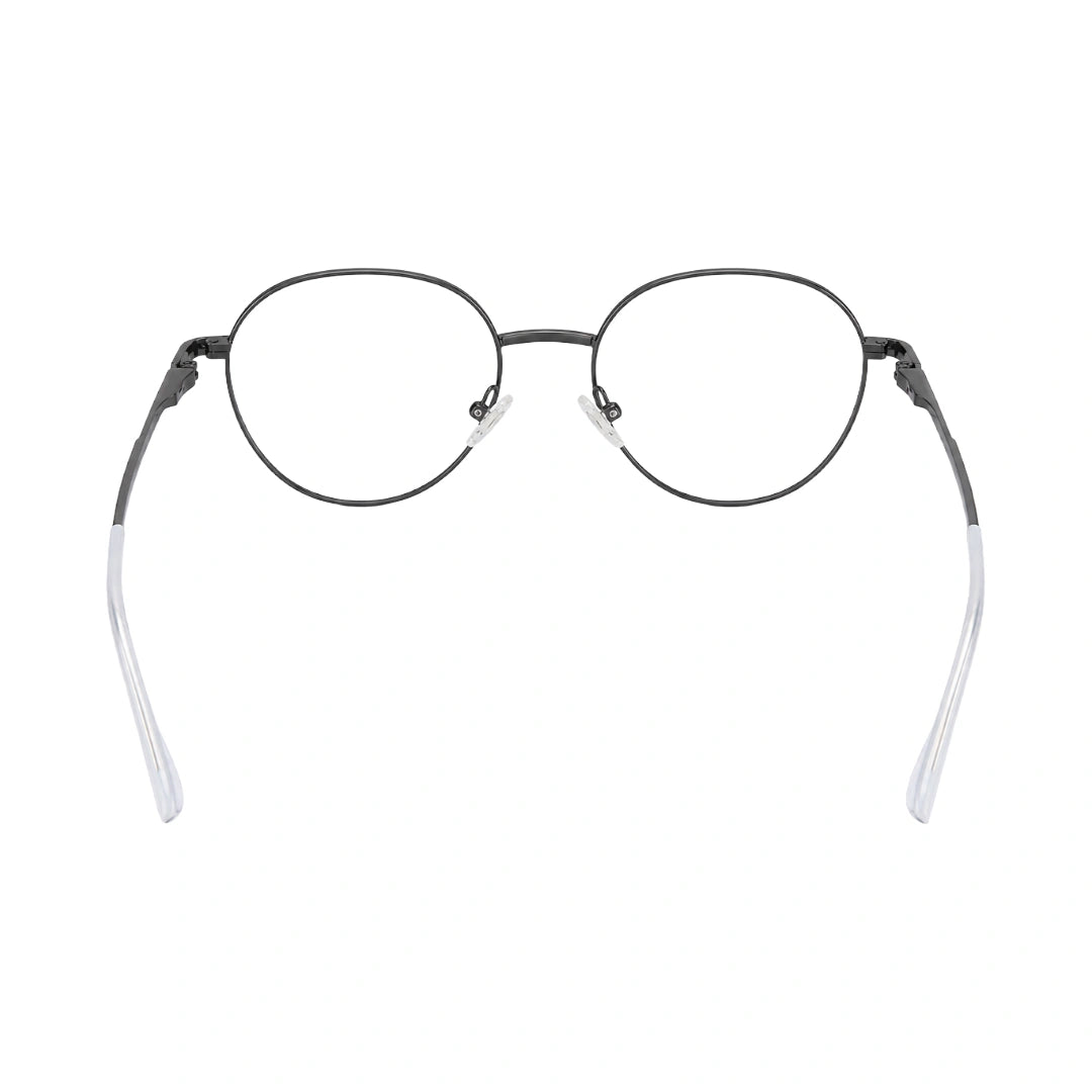 OS Solitude 15104 full-rim round metal eyeglasses in gunmetal and white, rear view