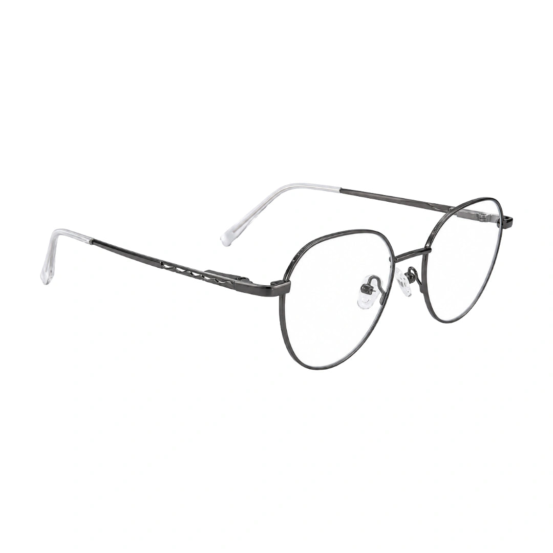 OS Solitude 15104 full-rim round metal eyeglasses in gunmetal and white, angled view