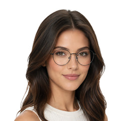 Woman wearing OS Solitude 15104 full-rim round metal eyeglasses in gunmetal and white