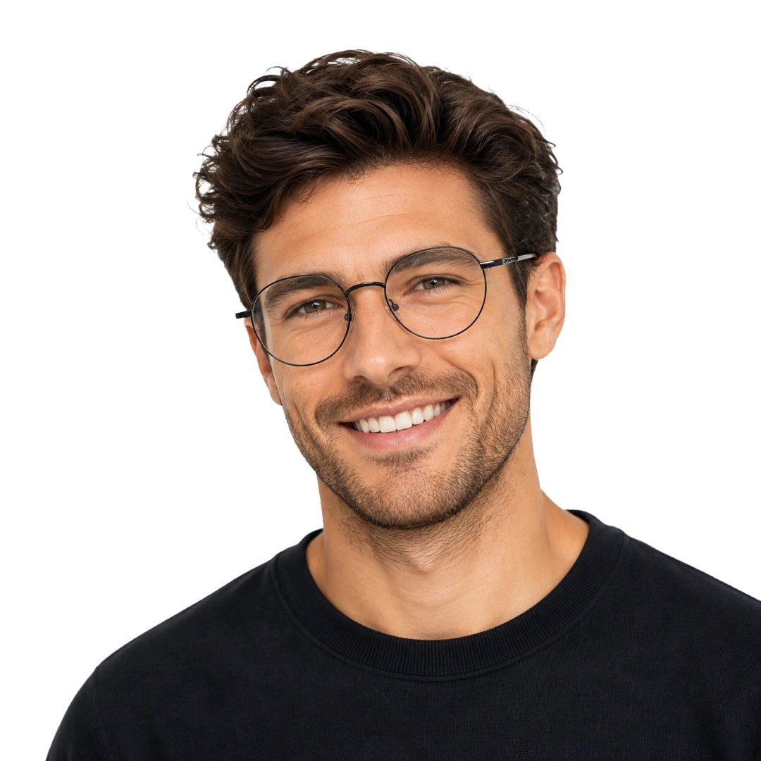Man wearing OS Solitude 15104 full-rim round metal eyeglasses in gunmetal and white
