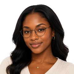 Woman wearing OS Solitude 15104 full-rim round metal eyeglasses in gunmetal and white, front view