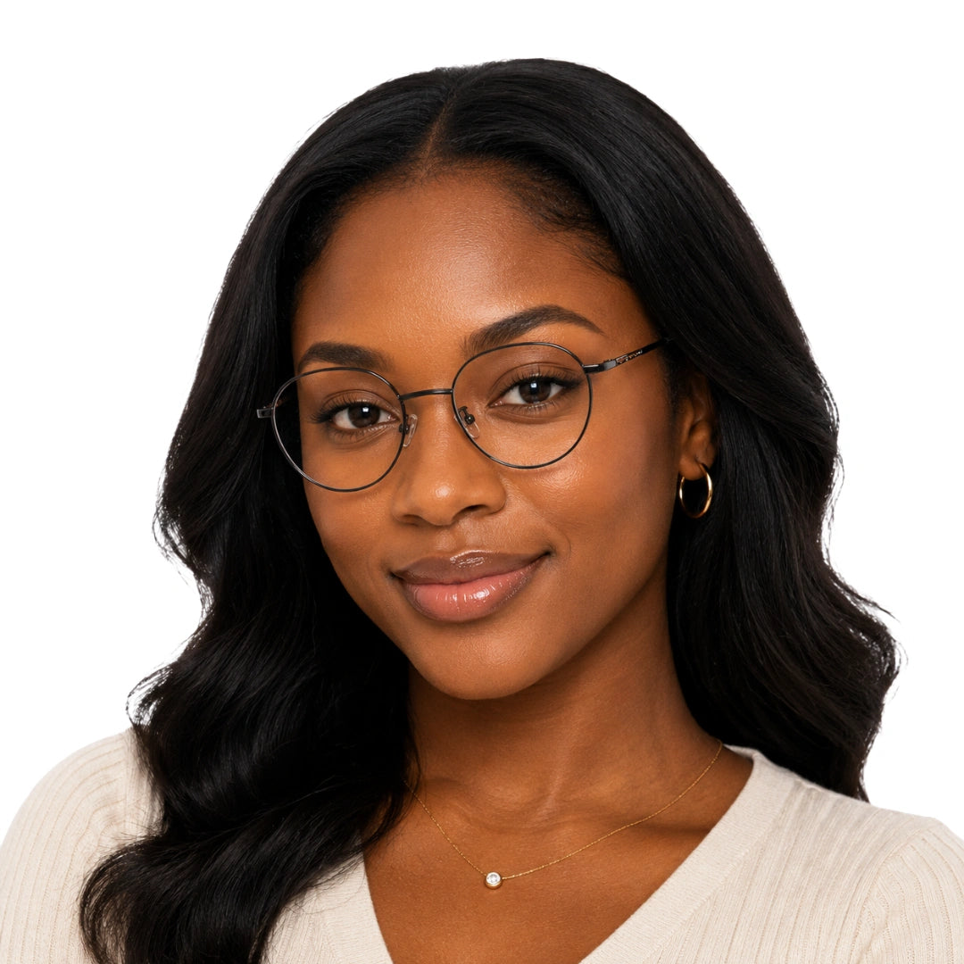 Woman wearing OS Solitude 15104 full-rim round metal eyeglasses in gunmetal and white, front view