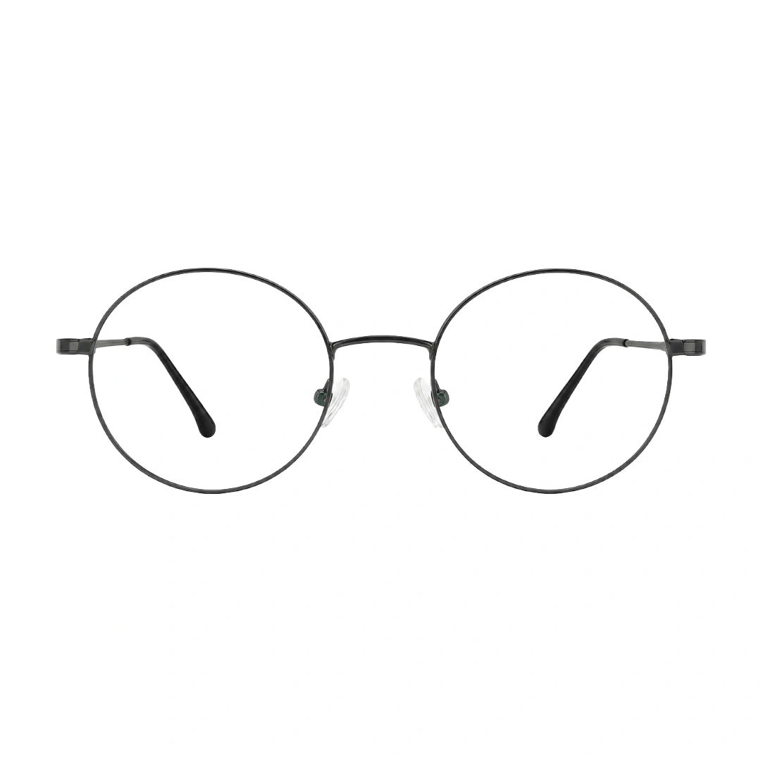 OS Solitude 15106 lightweight round prescription glasses in gunmetal and black, front view