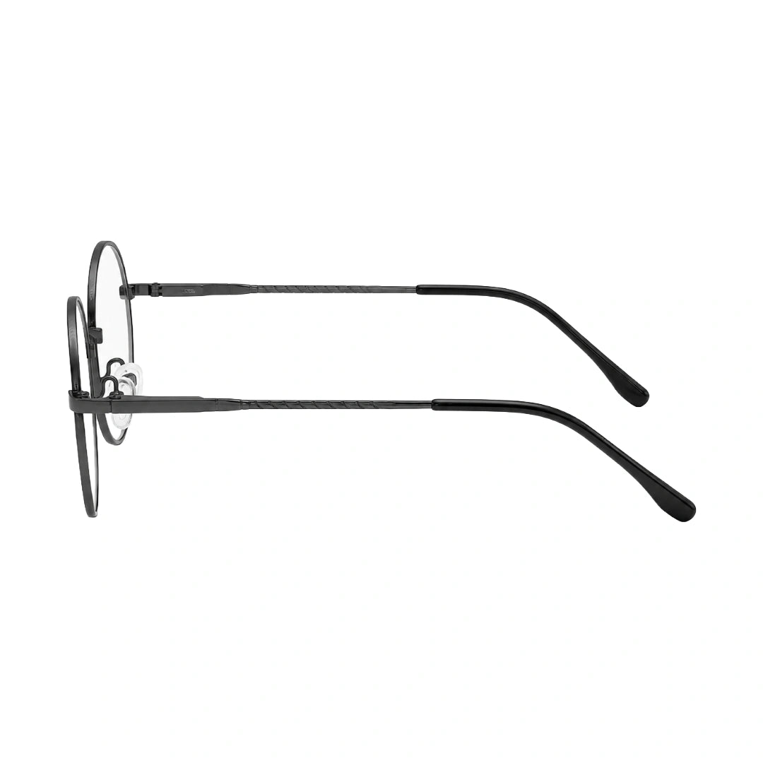 OS Solitude 15106 lightweight round prescription glasses in gunmetal and black, side profile view