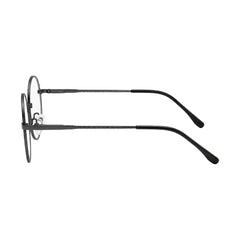 OS Solitude 15106 lightweight round prescription glasses in gunmetal and black, side profile view