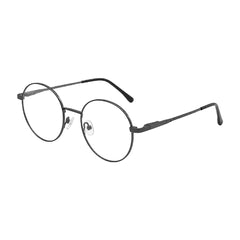 OS Solitude 15106 lightweight round prescription glasses in gunmetal and black, three-quarter angled view